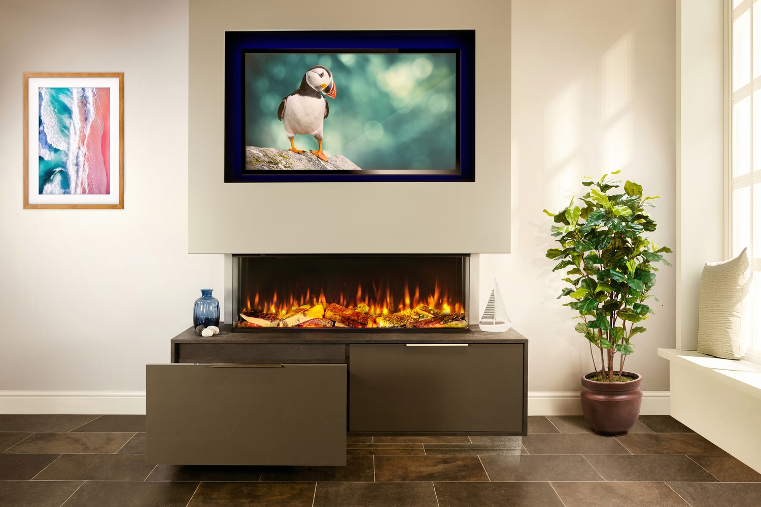 iRange-i1250e-Deep-Media-Wall-Three-Sided-Orange-Flame-with-Real-Wood-Logs-Draw-Open